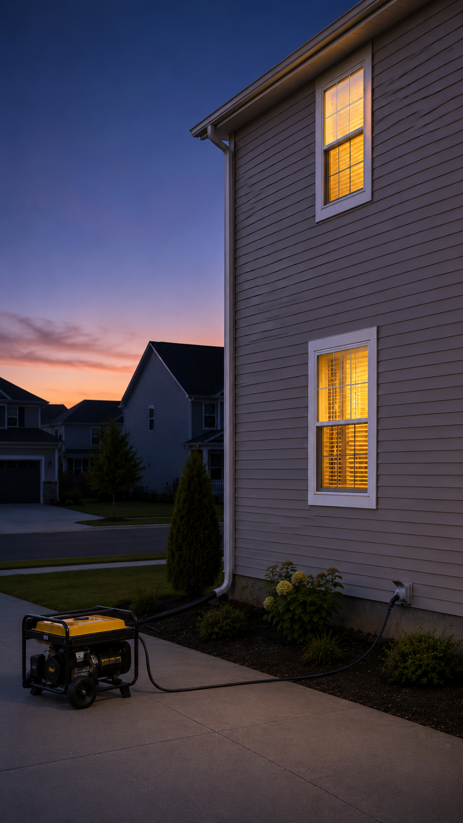 Portable generator connected to a home power inlet on the exterior of a house during a power outage