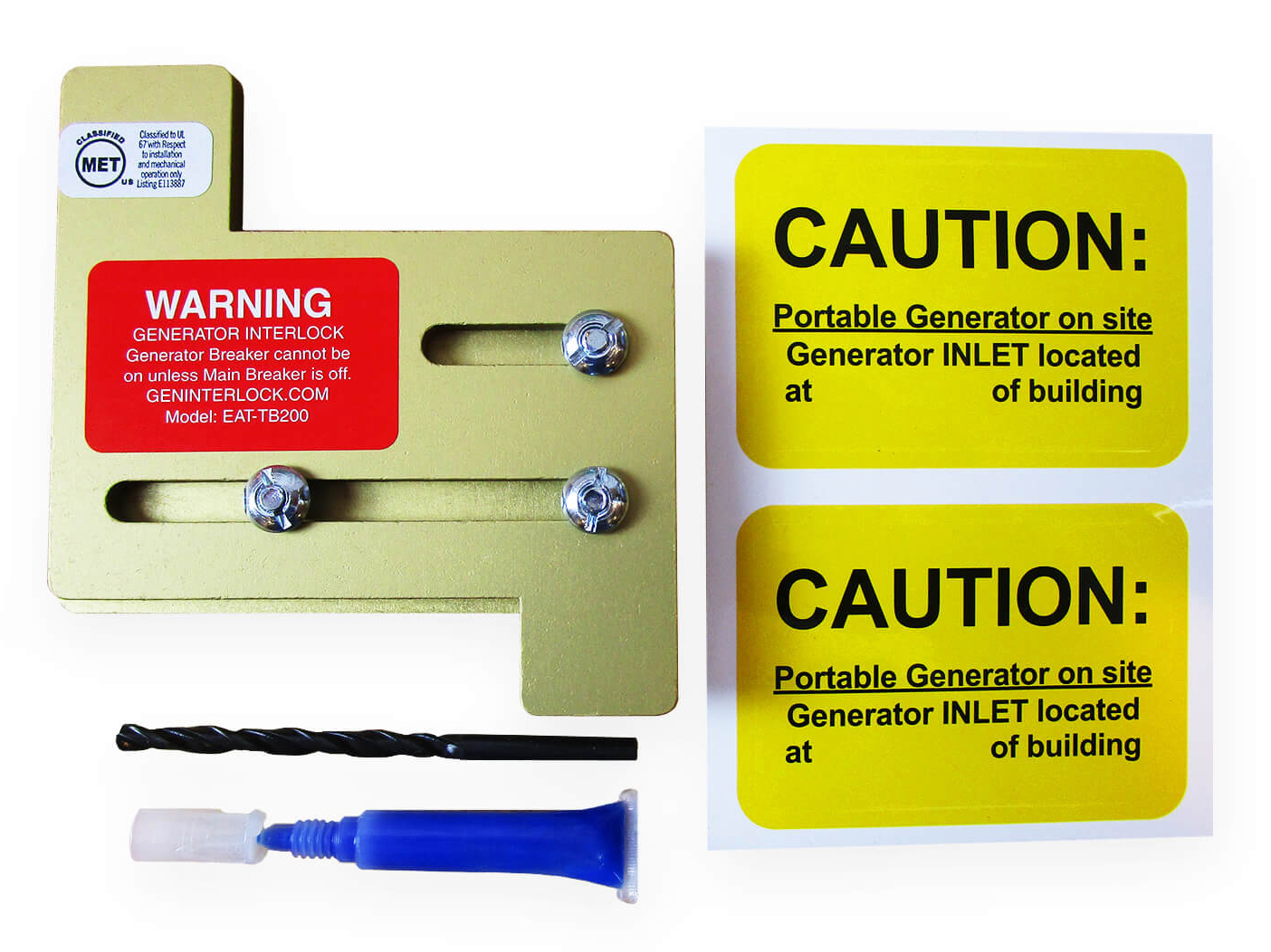 Generator interlock kit components including the slide plate, mounting hardware, and installation instructions