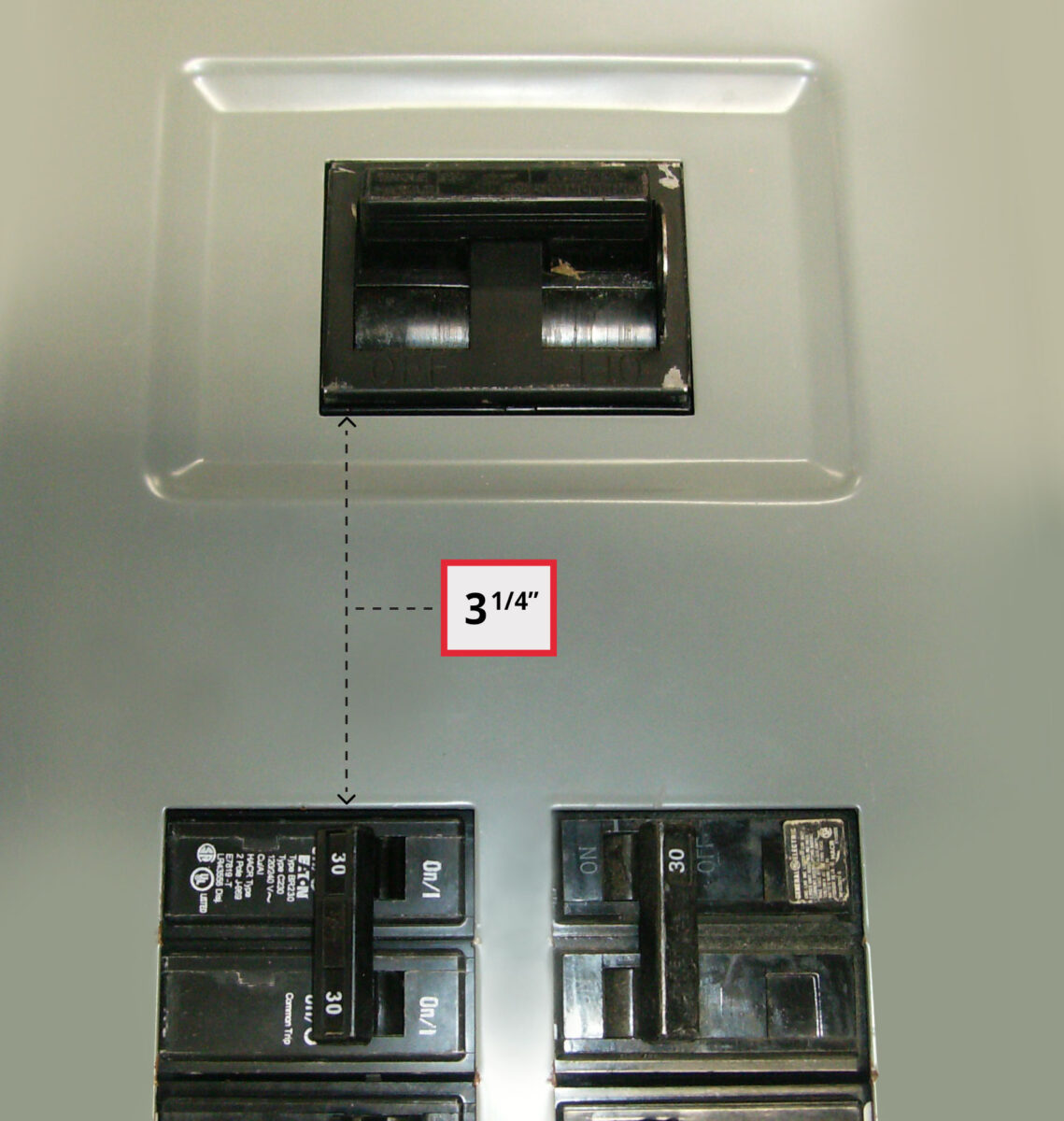 Sylvania Westinghouse 41251 Generator Interlock Kit - Installed on Breaker Panel Showing 3-1/4 Inch Spacing