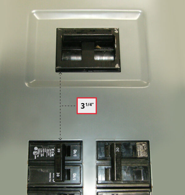 Sylvania Westinghouse 41251 Generator Interlock Kit - Installed on Breaker Panel Showing 3-1/4 Inch Spacing