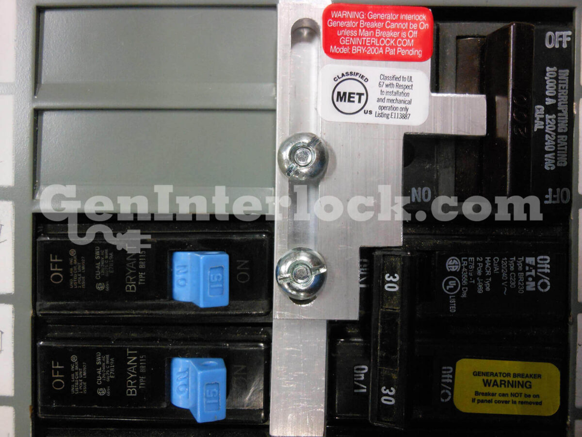 Bryant 13502 Generator Interlock Kit - Installed on Panel with Interlock Slide Engaged, Generator Breaker Active