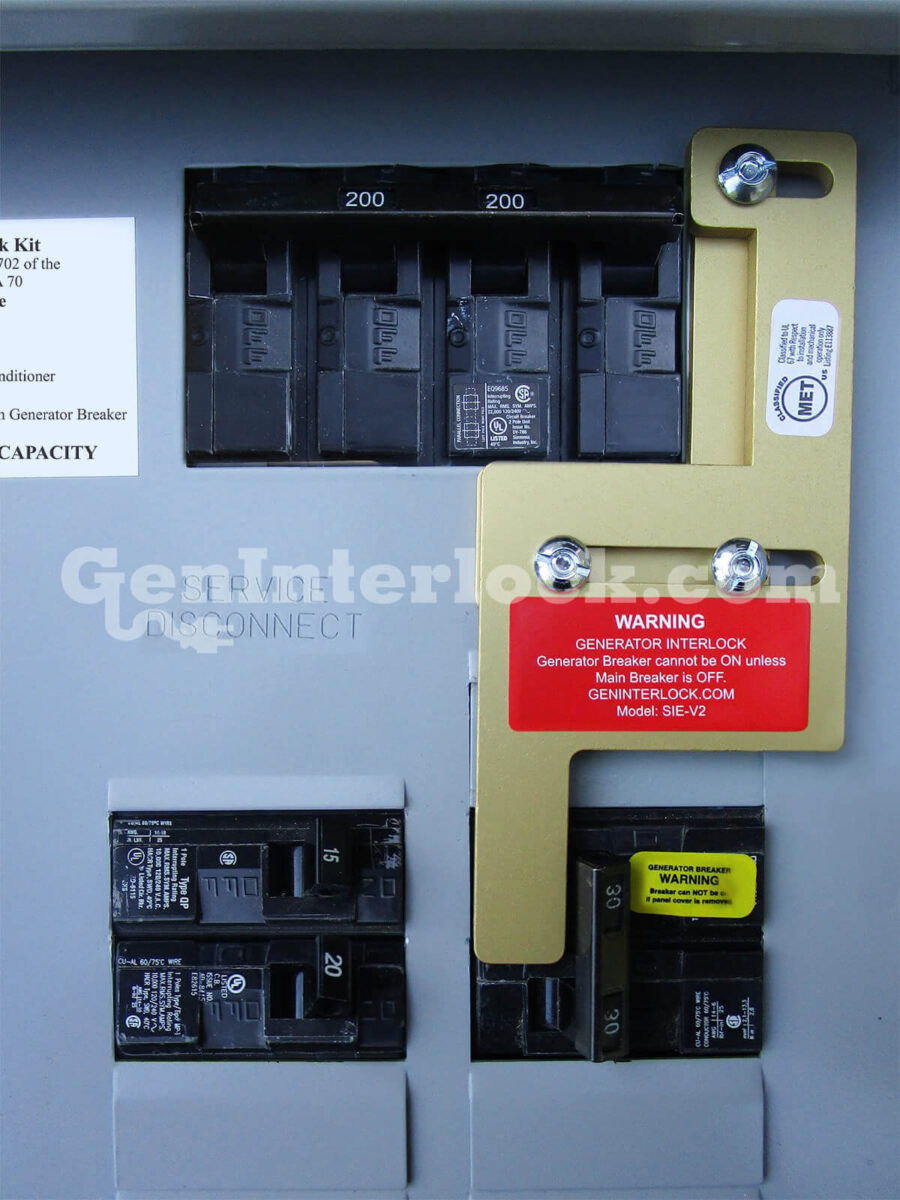 Siemens 41207 Vertical Throw Generator Interlock Kit Installed on Breaker Panel, Main On