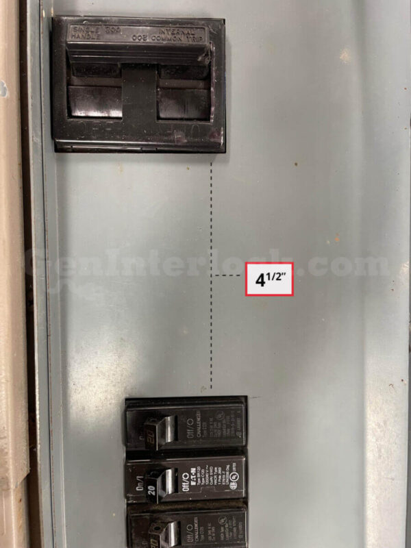Sylvania Westinghouse 41251 Generator Interlock Kit - Installed on Breaker Panel Showing 3-1/4 Inch Spacing