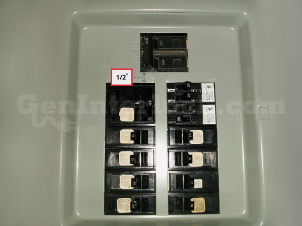 Sylvania Westinghouse 41251 Generator Interlock Kit - Installed on Breaker Panel Showing 3-1/4 Inch Spacing