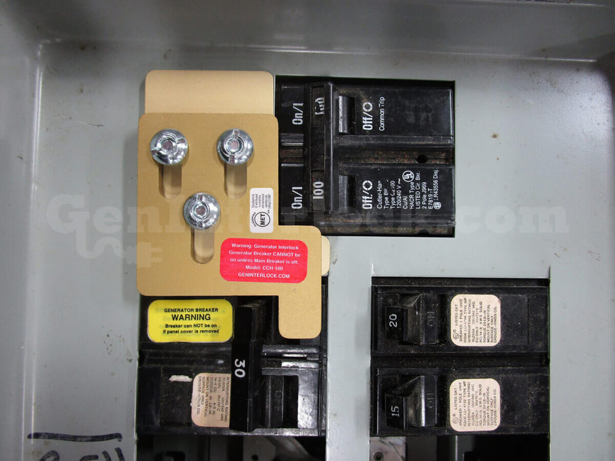 Crouse-Hinds 15101 Generator Interlock Kit Installed on Breaker Panel - Main On Position