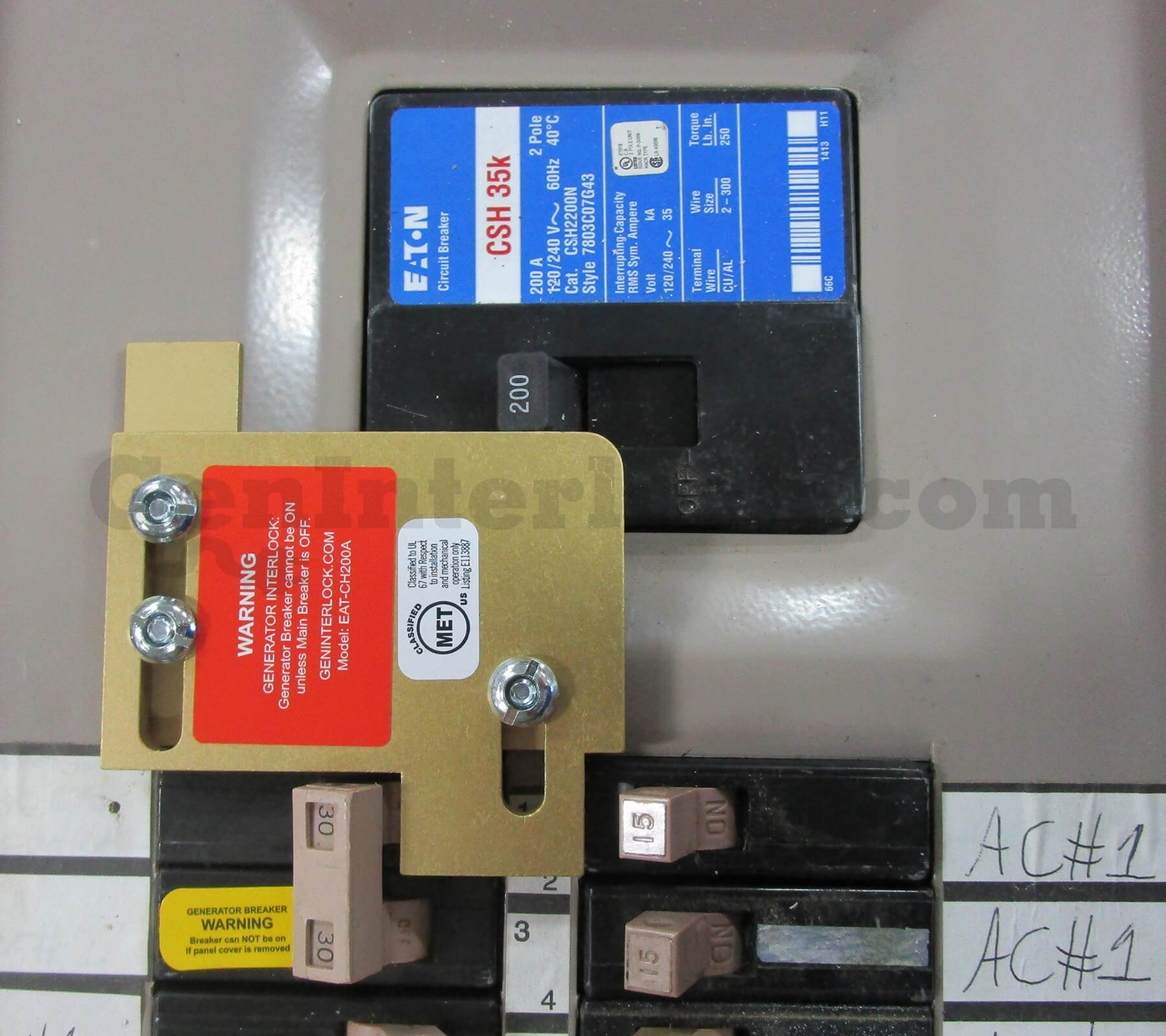 Cutler-Hammer 21251 Generator Interlock Kit (formerly CH200) - Installed on Panel, Main Breaker On Position