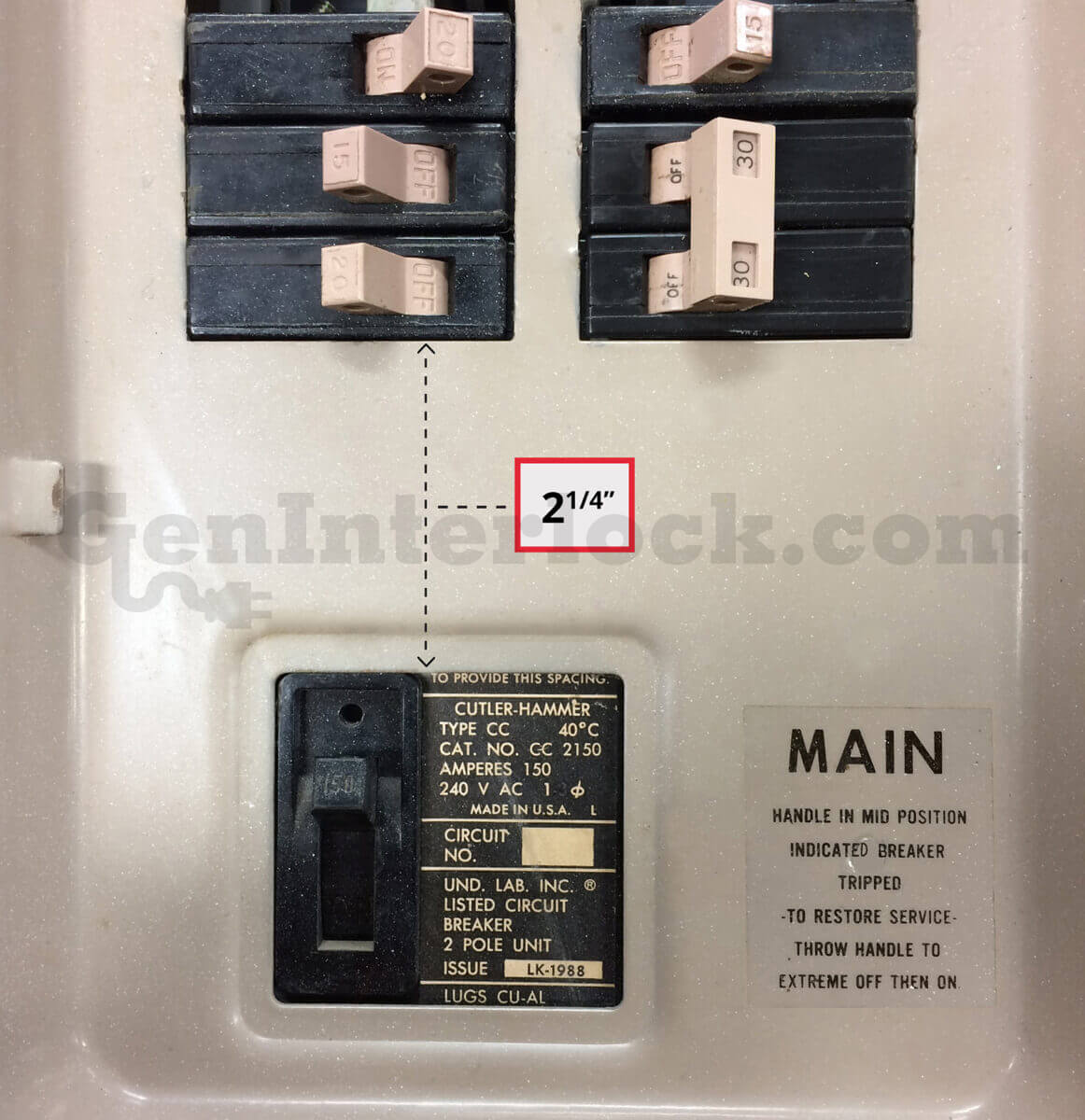 Cutler-Hammer 21255 Generator Interlock Kit (formerly CH200U) - Installed on Panel, Main Breaker on Bottom