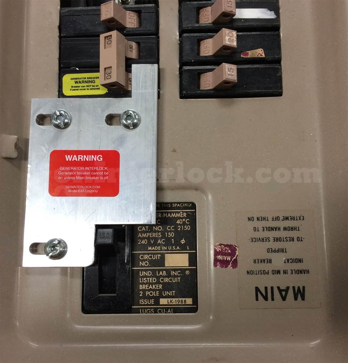 Cutler-Hammer 21255 Generator Interlock Kit (formerly CH200U) - Installed on Panel Showing Interlock Plate
