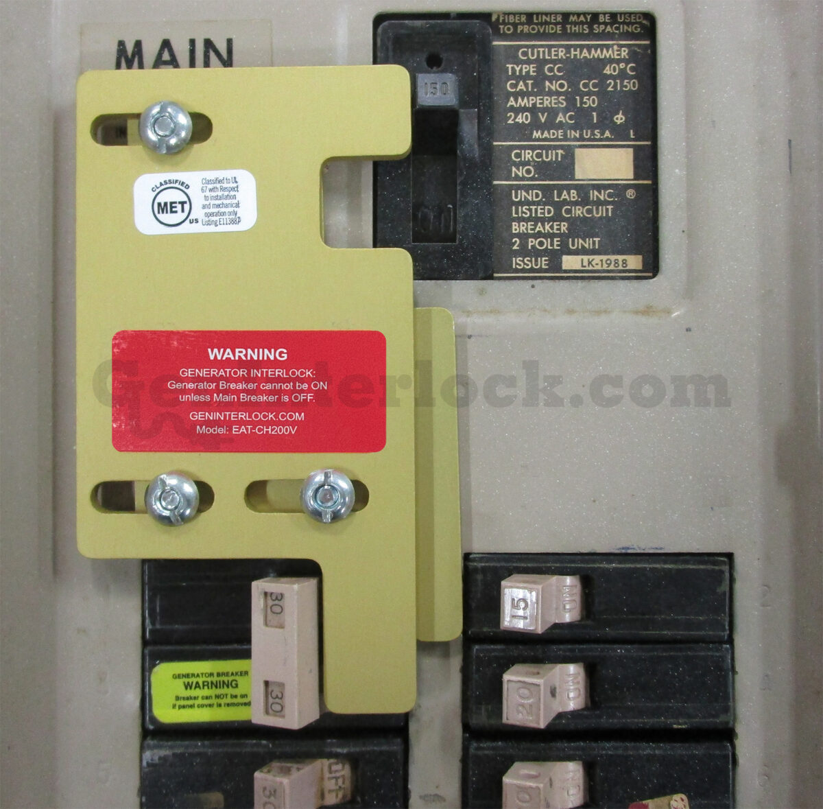 Cutler-Hammer 21252 Generator Interlock Kit (formerly CH200XA) - Installed on Vertical Throw Breaker Panel