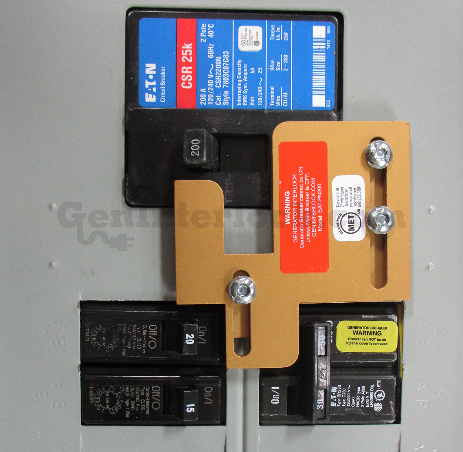 Cutler-Hammer 21152 Generator Interlock Kit (formerly PN200B) Installed on Breaker Panel