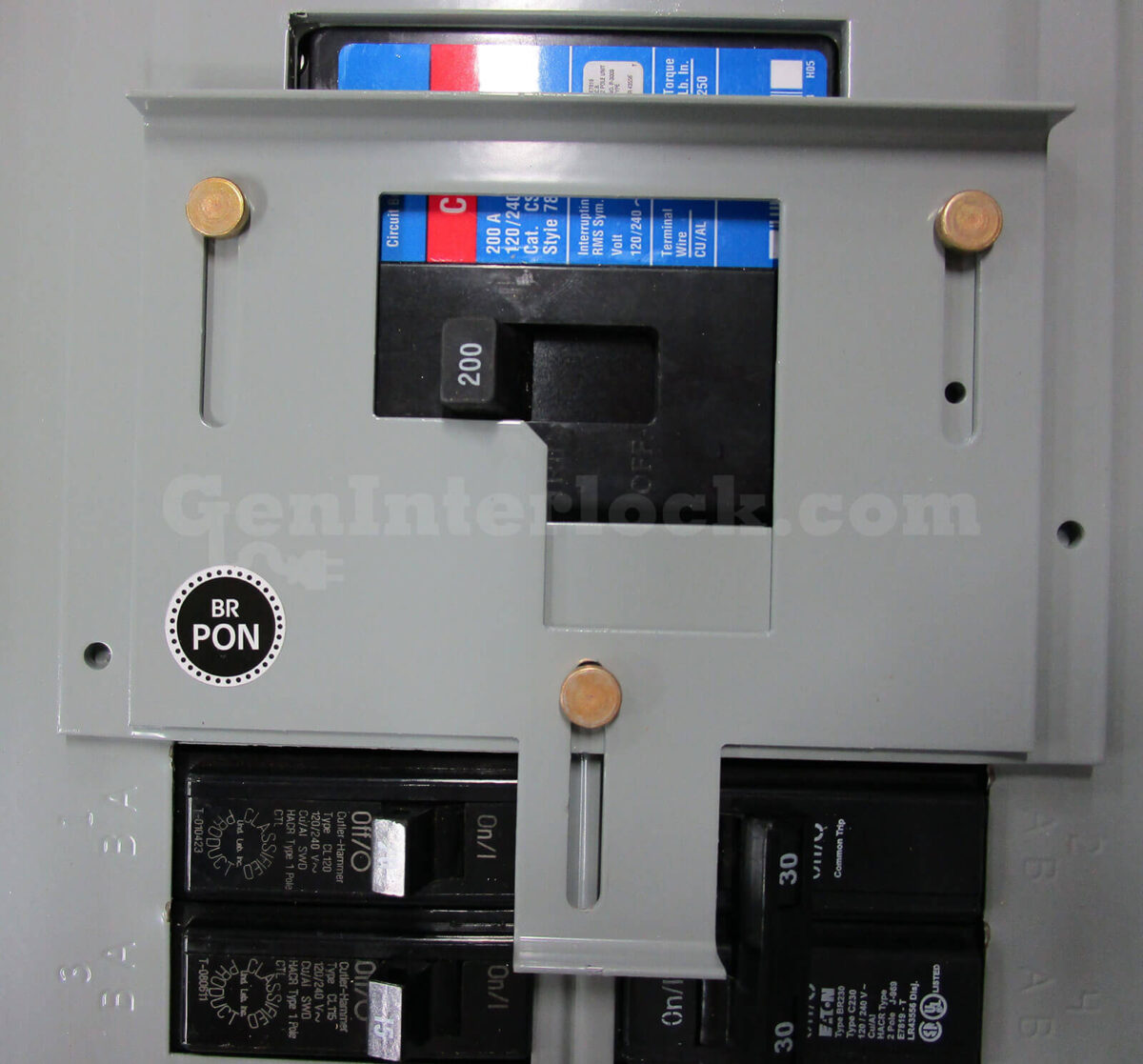 Sylvania Westinghouse 41251 Generator Interlock Kit - Installed on Breaker Panel Showing 3-1/4 Inch Spacing