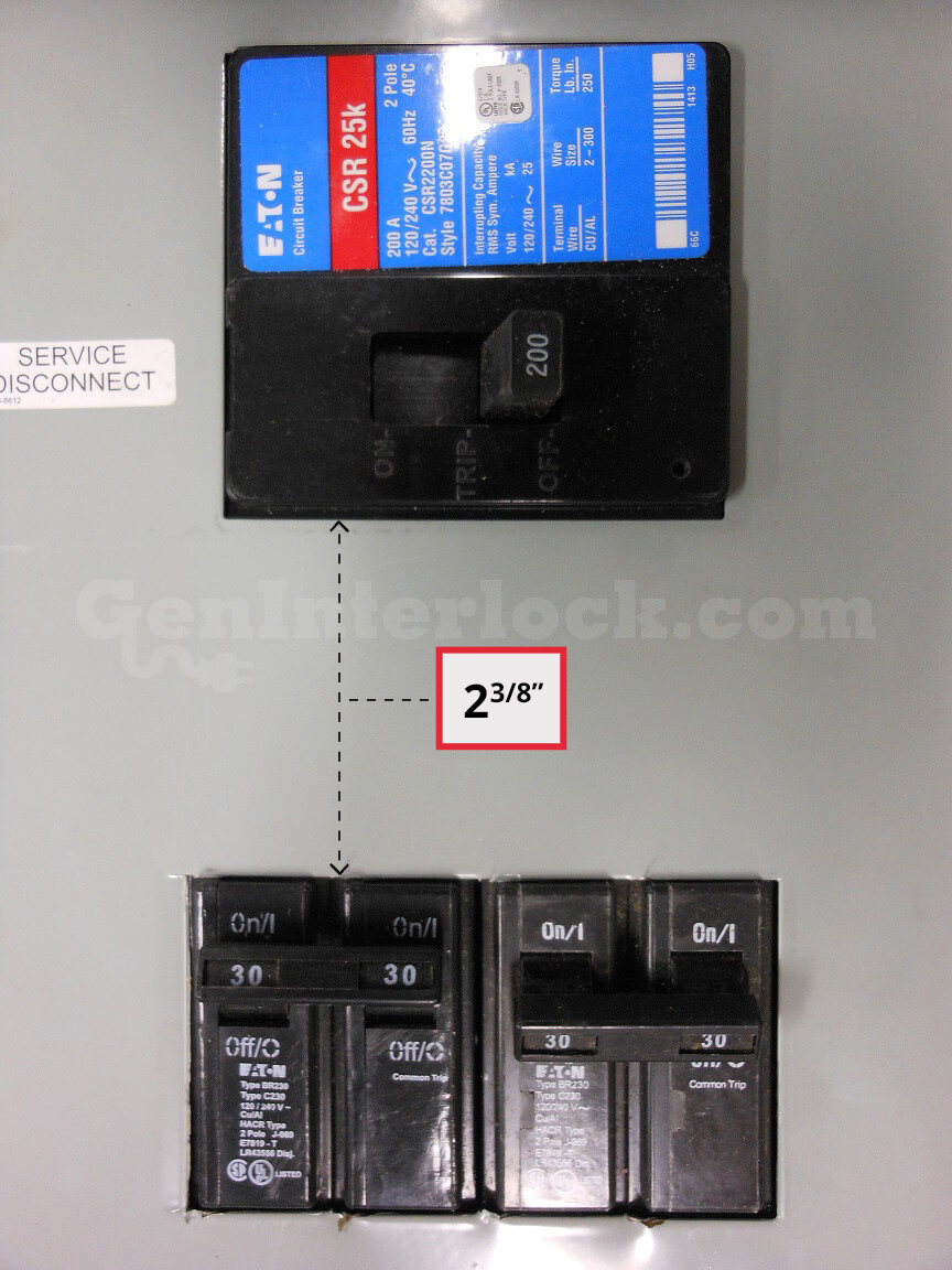 Sylvania Westinghouse 41251 Generator Interlock Kit - Installed on Breaker Panel Showing 3-1/4 Inch Spacing