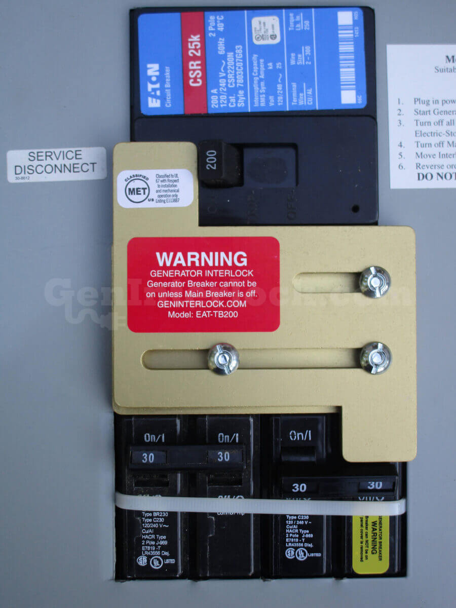 Sylvania Westinghouse 41251 Generator Interlock Kit - Installed on Breaker Panel Showing 3-1/4 Inch Spacing