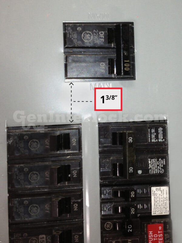 Sylvania Westinghouse 41251 Generator Interlock Kit - Installed on Breaker Panel Showing 3-1/4 Inch Spacing