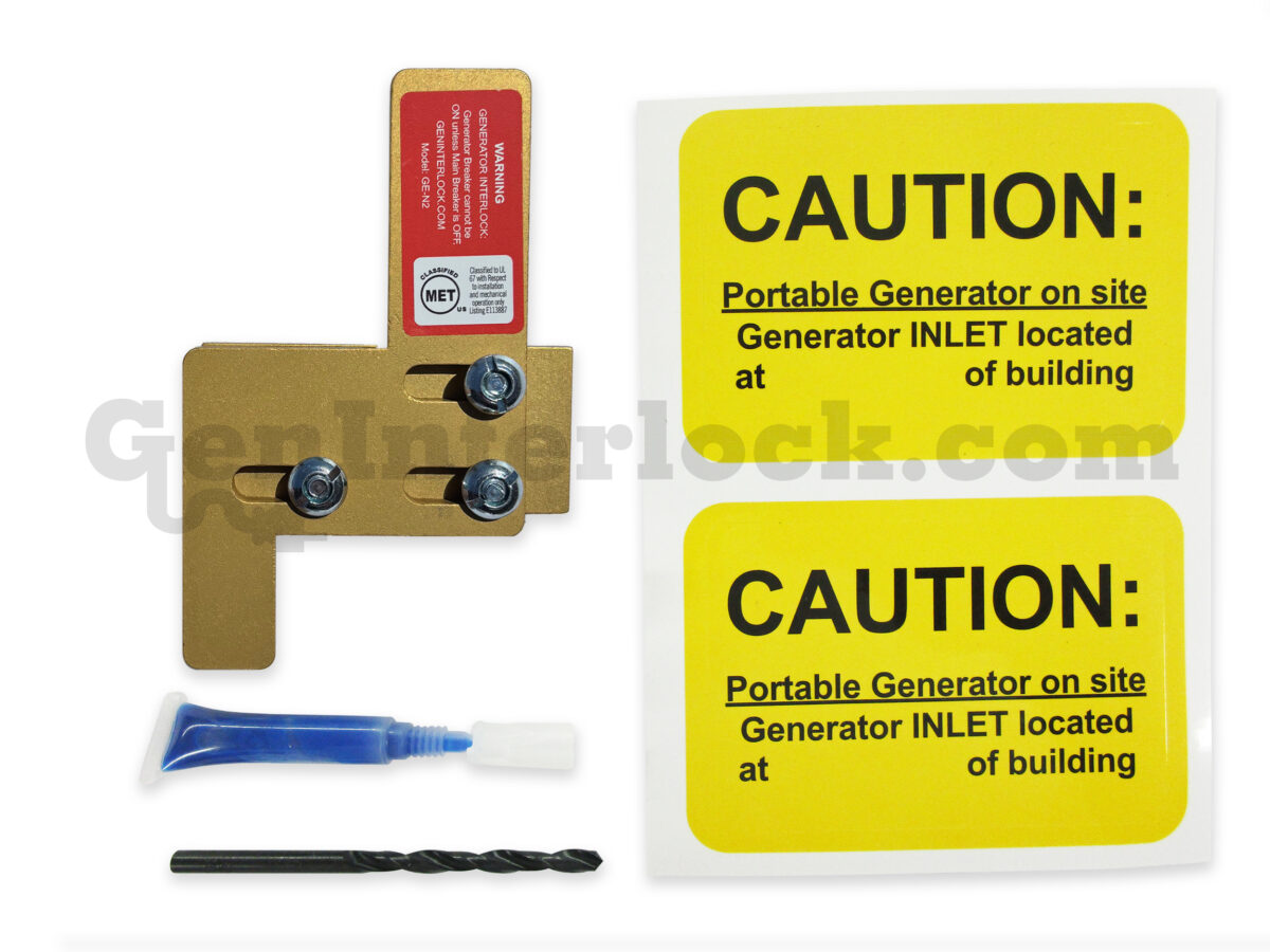 GE 31201 Generator Interlock Kit with Included Hardware - slide, drill bit, lubricant, and caution labels