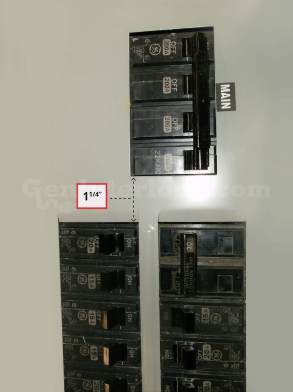 Sylvania Westinghouse 41251 Generator Interlock Kit - Installed on Breaker Panel Showing 3-1/4 Inch Spacing
