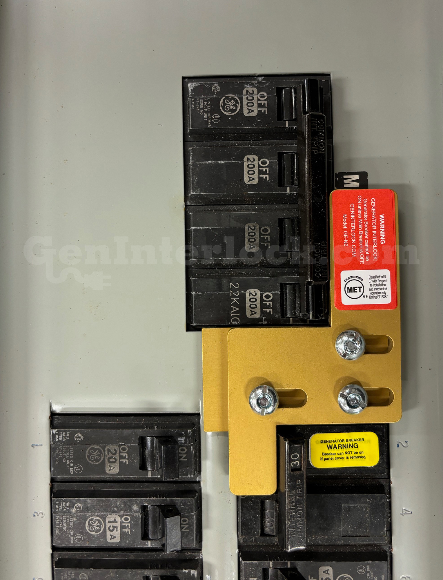 GE 31201 Generator Interlock Kit Installed on 200 Amp Panel - main breaker off position with MET label