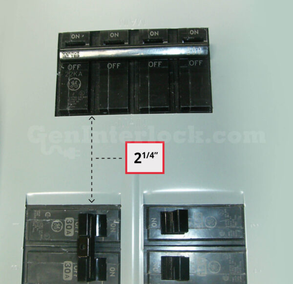 Sylvania Westinghouse 41251 Generator Interlock Kit - Installed on Breaker Panel Showing 3-1/4 Inch Spacing