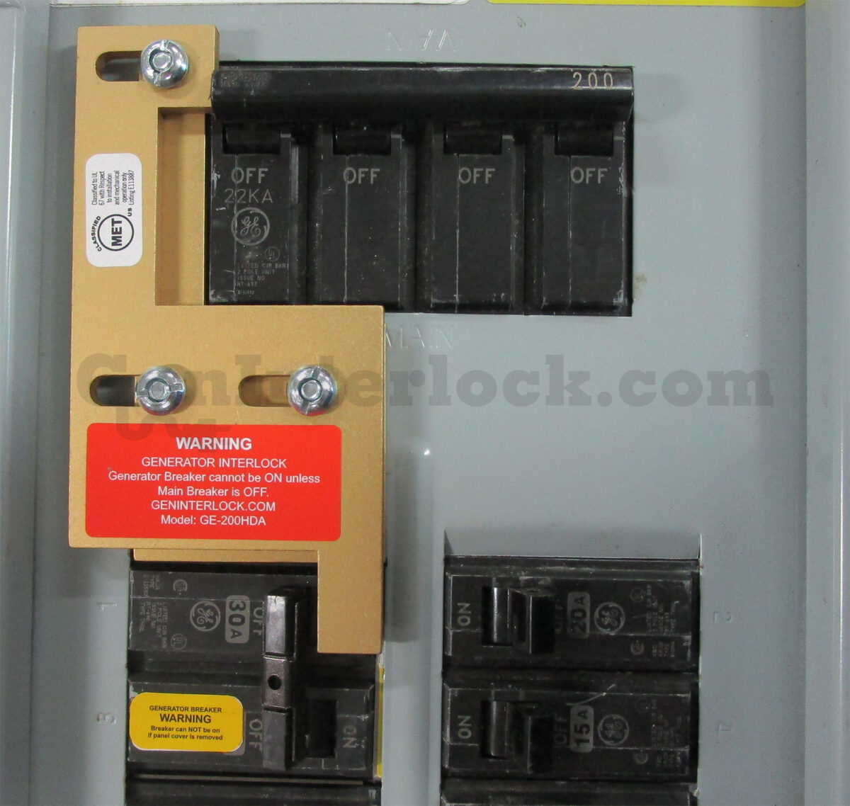 Sylvania Westinghouse 41251 Generator Interlock Kit - Installed on Breaker Panel Showing 3-1/4 Inch Spacing