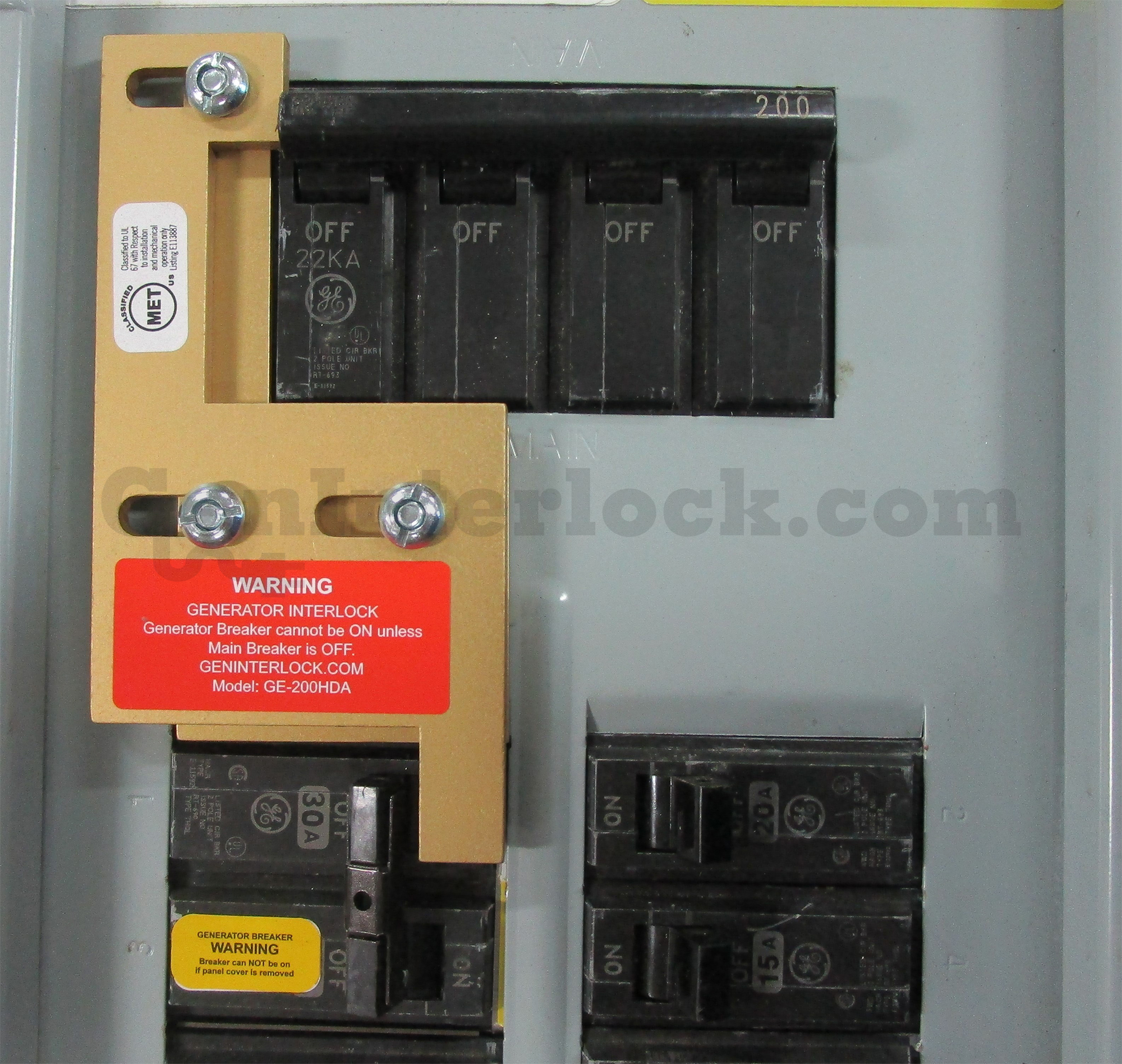 GE 31203 Generator Interlock Kit Installed on 200 Amp Panel - main breaker in off position with MET label