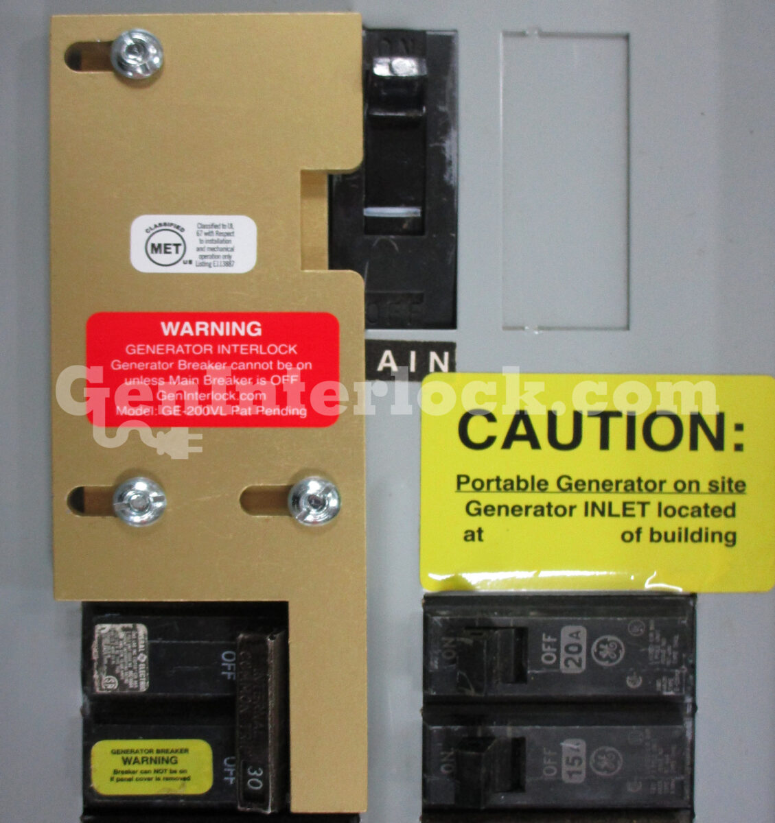 Sylvania Westinghouse 41251 Generator Interlock Kit - Installed on Breaker Panel Showing 3-1/4 Inch Spacing