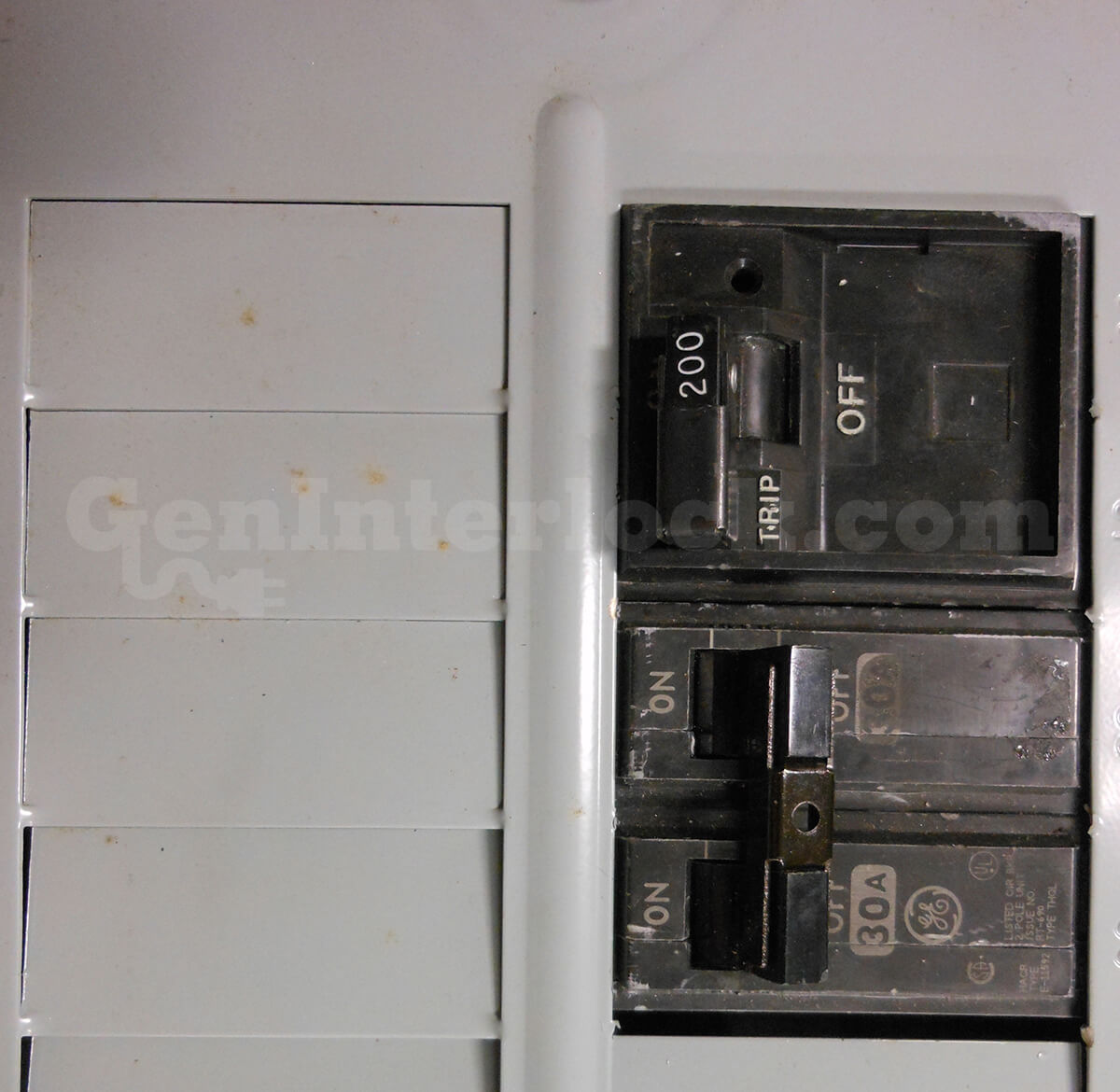 Sylvania Westinghouse 41251 Generator Interlock Kit - Installed on Breaker Panel Showing 3-1/4 Inch Spacing