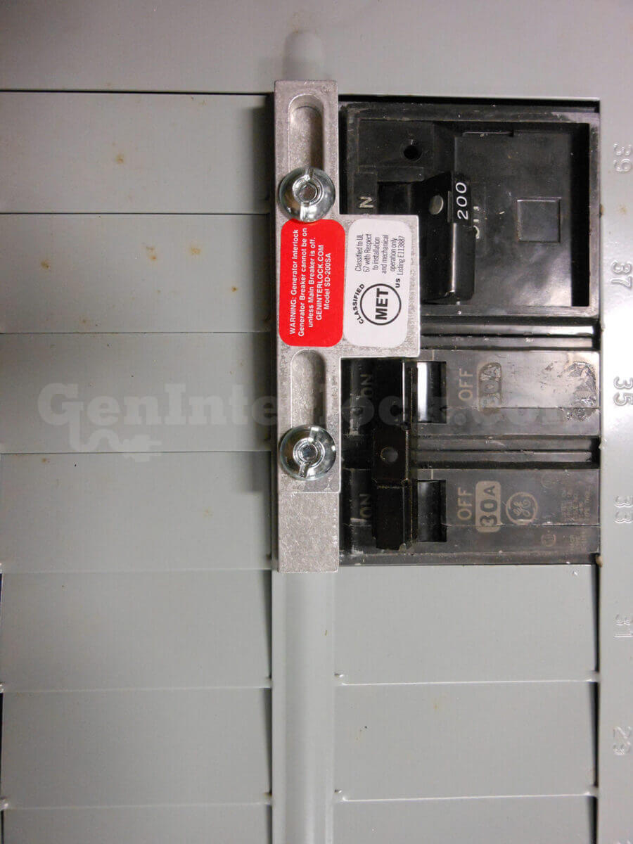 Sylvania Westinghouse 41251 Generator Interlock Kit - Installed on Breaker Panel Showing 3-1/4 Inch Spacing