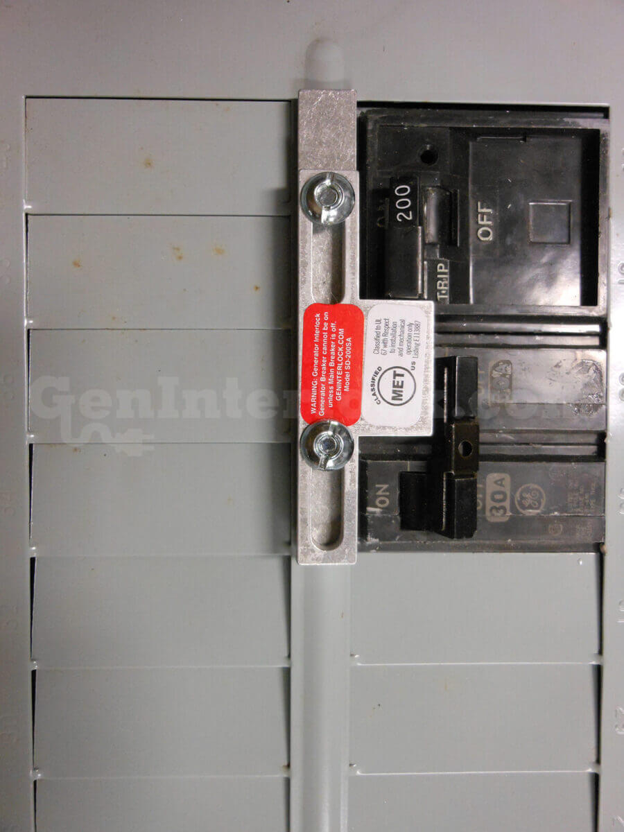 Sylvania Westinghouse 41251 Generator Interlock Kit - Installed on Breaker Panel Showing 3-1/4 Inch Spacing