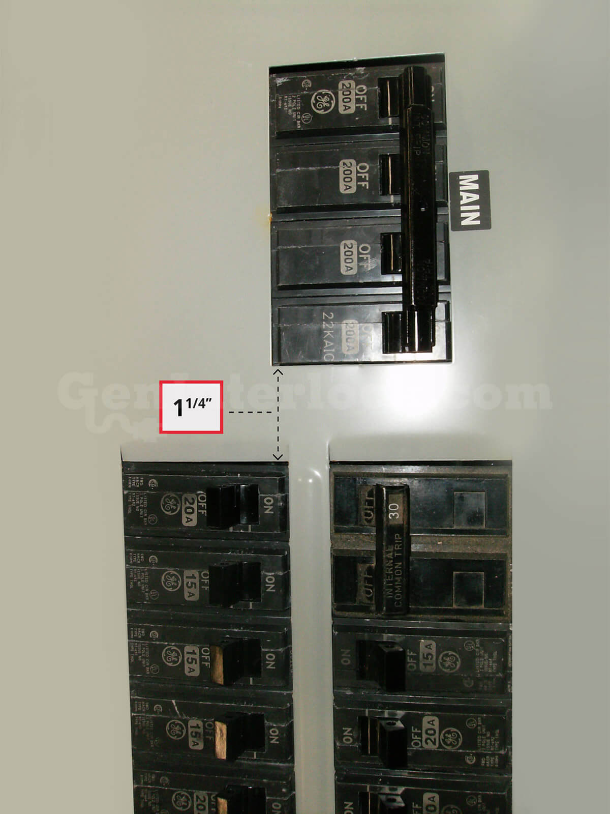 GE 31601 Generator Interlock Kit (formerly GE200UL) - Installed on Breaker Panel, 1-1/4" gap shown