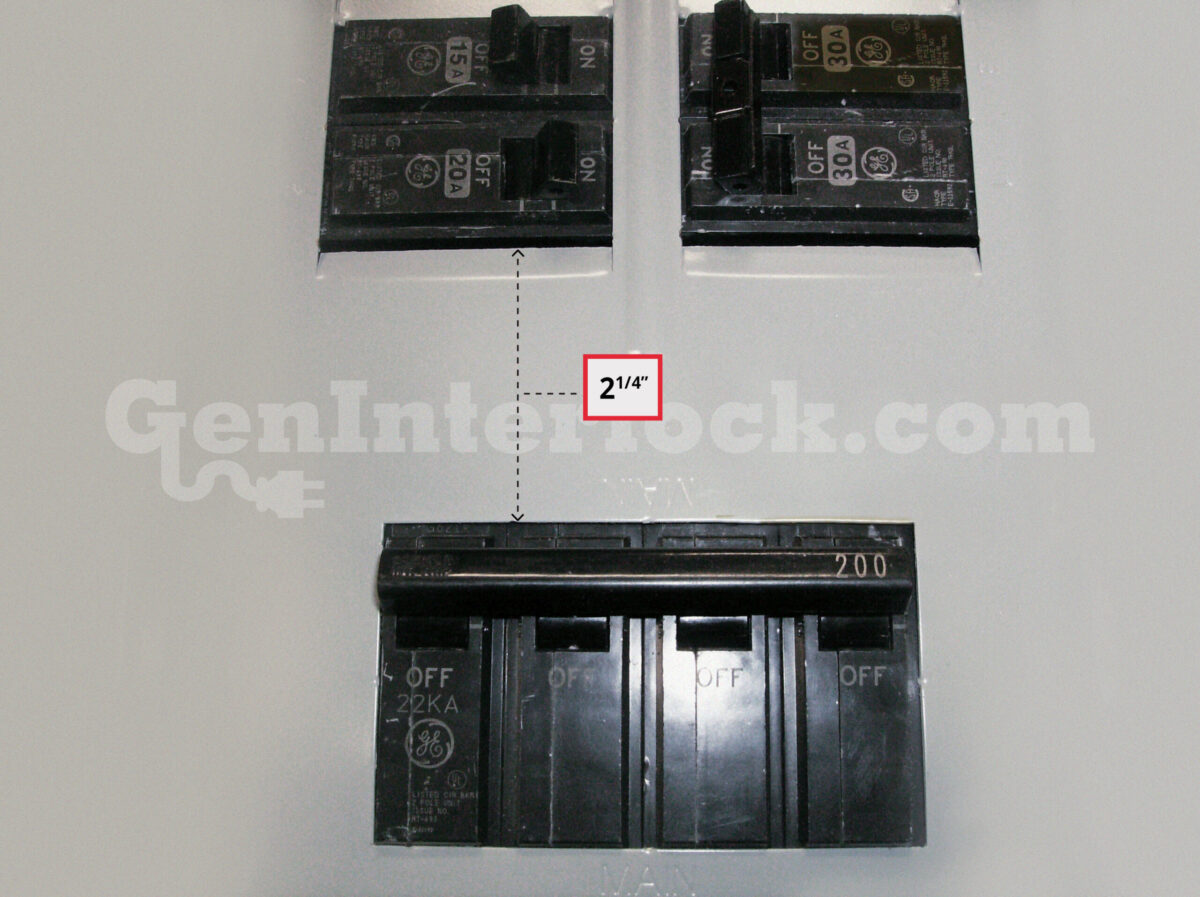 Sylvania Westinghouse 41251 Generator Interlock Kit - Installed on Breaker Panel Showing 3-1/4 Inch Spacing