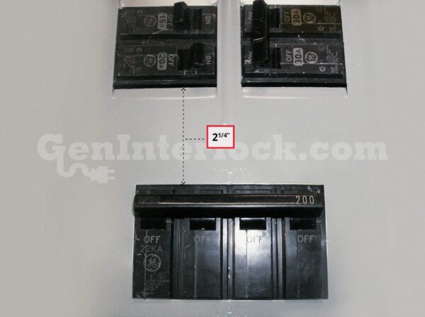 Sylvania Westinghouse 41251 Generator Interlock Kit - Installed on Breaker Panel Showing 3-1/4 Inch Spacing