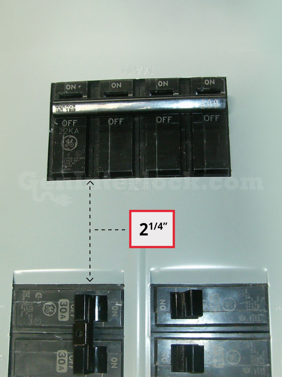 GE 31602 Vertical Throw Generator Interlock Kit (formerly GE200HDUL) - Installed on Breaker Panel, 2-1/4" gap shown