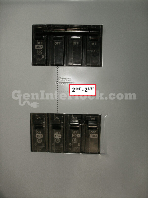 Sylvania Westinghouse 41251 Generator Interlock Kit - Installed on Breaker Panel Showing 3-1/4 Inch Spacing