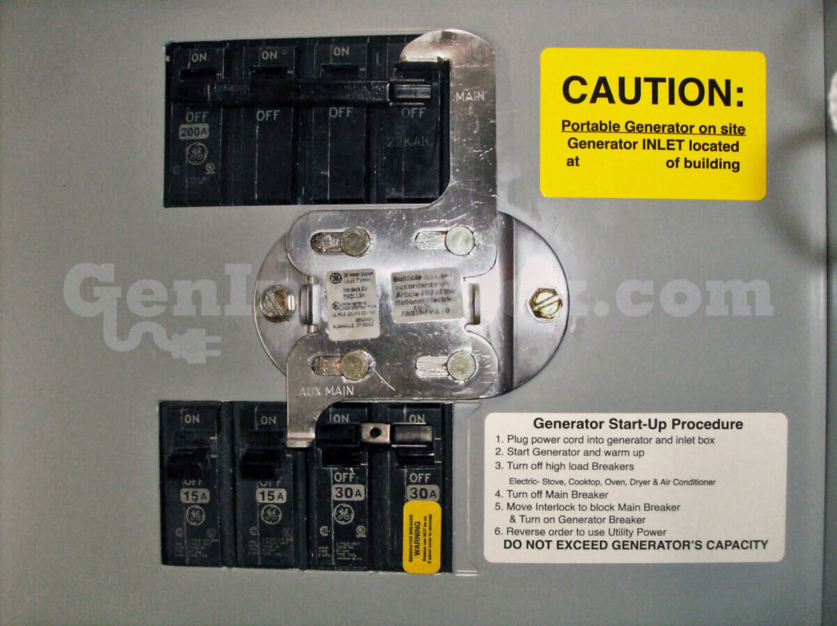 GE 31604 Outdoor Generator Interlock Kit (formerly GE200ZUL) - Installed on Outdoor Panel with Caution and Start-Up Labels