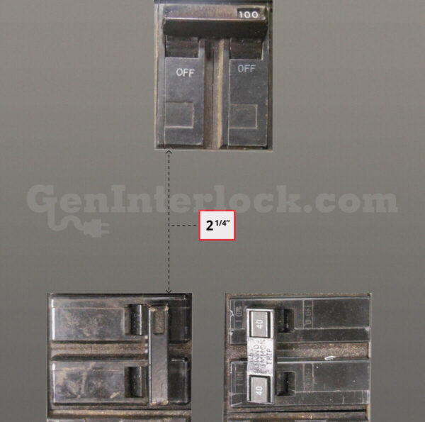 GTE Sylvania 41151 Generator Interlock Kit - Installed on 100 Amp Panel showing 2-1/4 inch breaker spacing