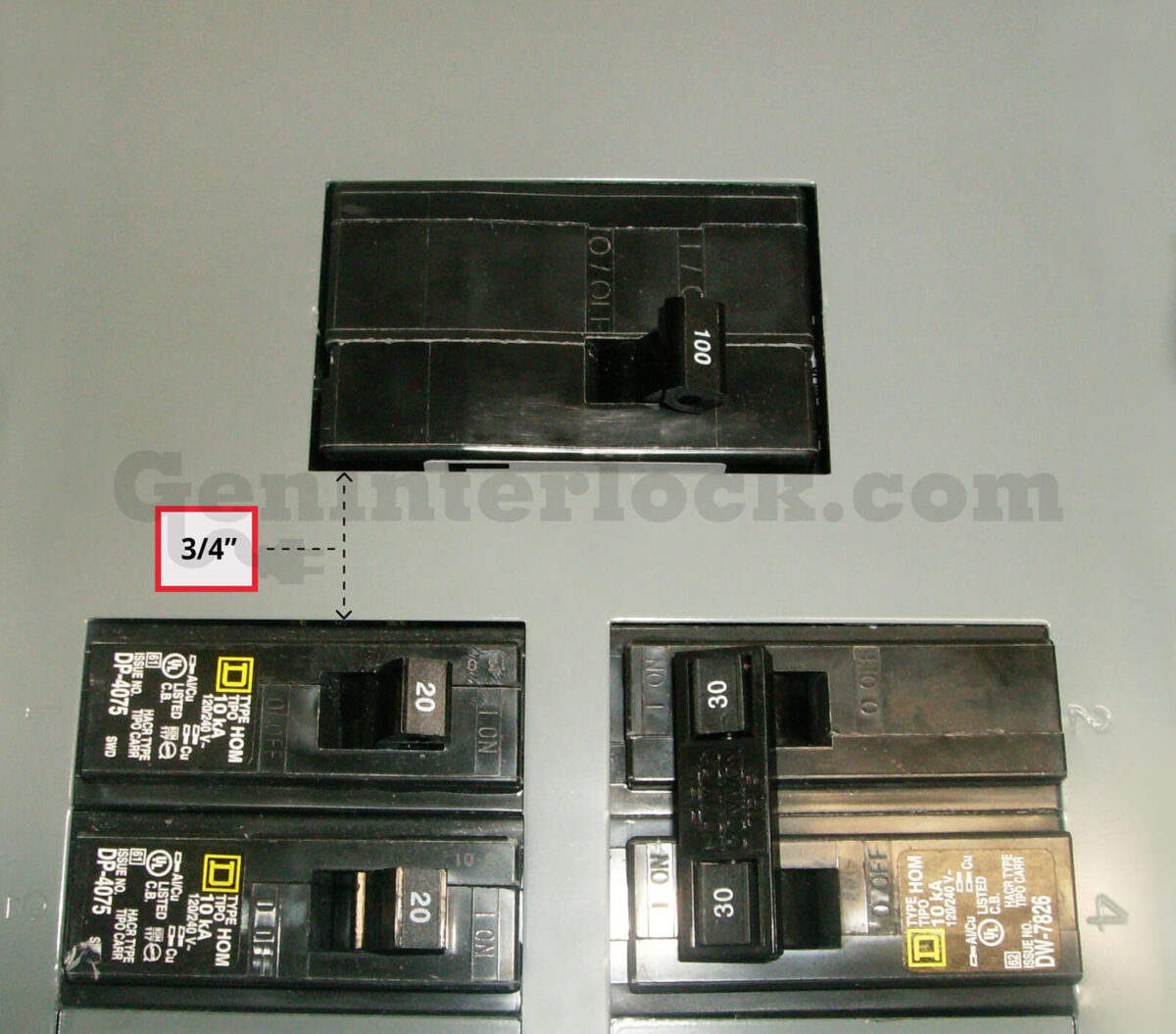 Sylvania Westinghouse 41251 Generator Interlock Kit - Installed on Breaker Panel Showing 3-1/4 Inch Spacing