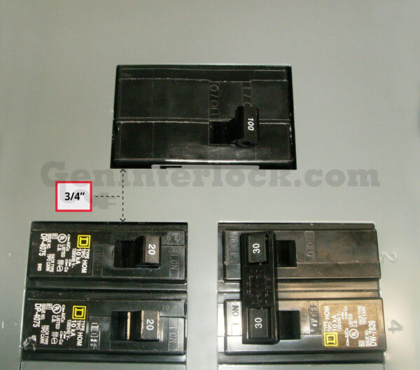 Sylvania Westinghouse 41251 Generator Interlock Kit - Installed on Breaker Panel Showing 3-1/4 Inch Spacing Sylvania Westinghouse 41251 Generator Interlock Kit - Installed on Breaker Panel Showing 3-1/4 Inch Spacing