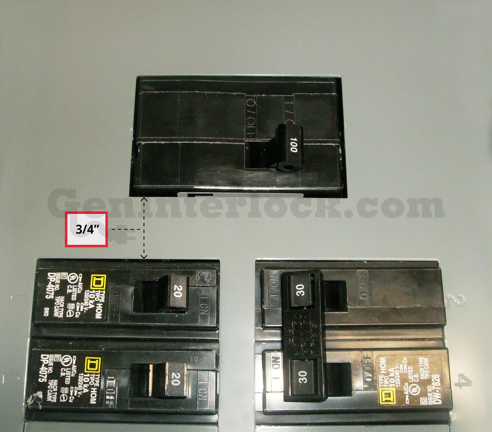 Sylvania Westinghouse 41251 Generator Interlock Kit - Installed on Breaker Panel Showing 3-1/4 Inch Spacing