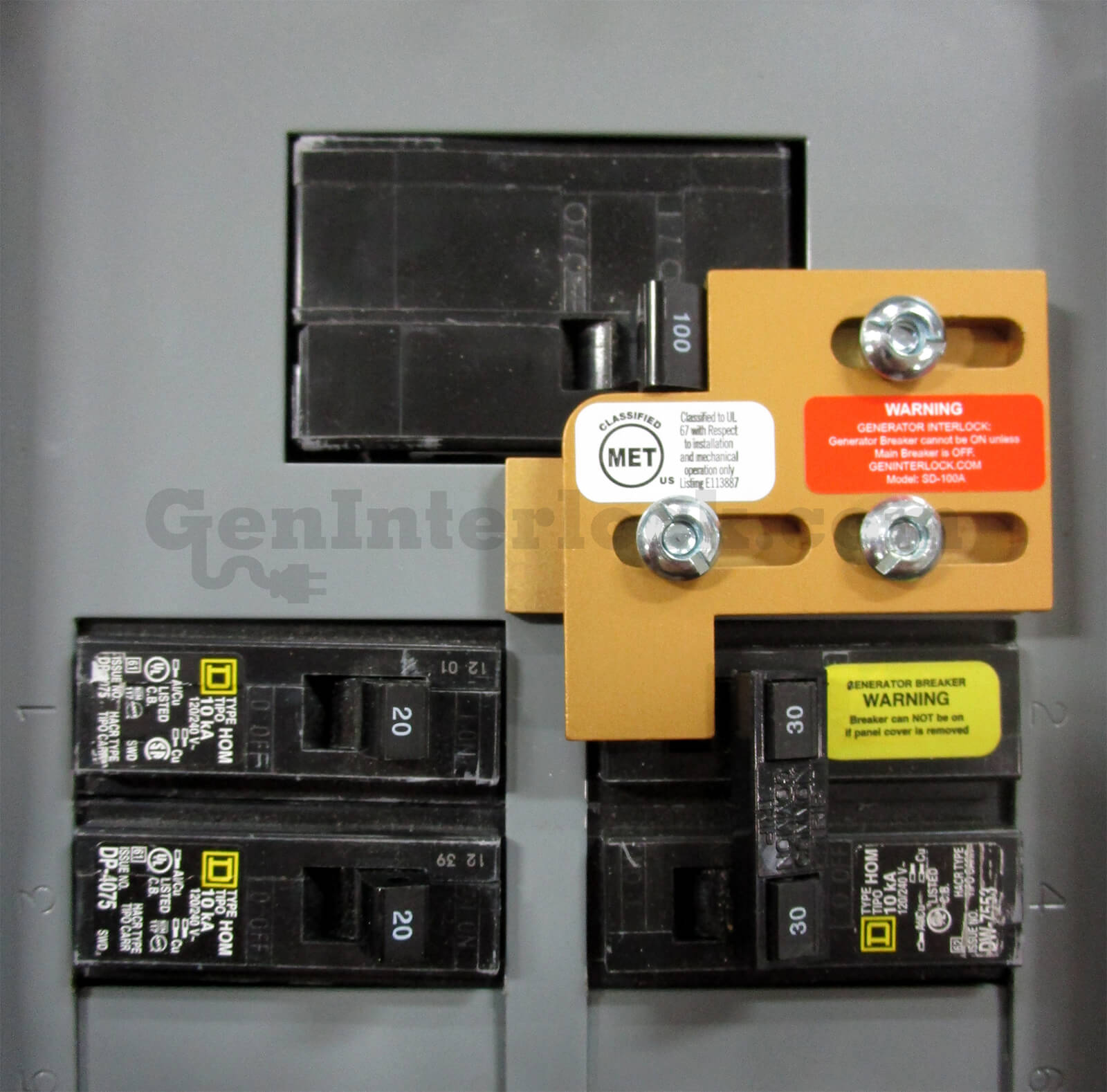Sylvania Westinghouse 41251 Generator Interlock Kit - Installed on Breaker Panel Showing 3-1/4 Inch Spacing