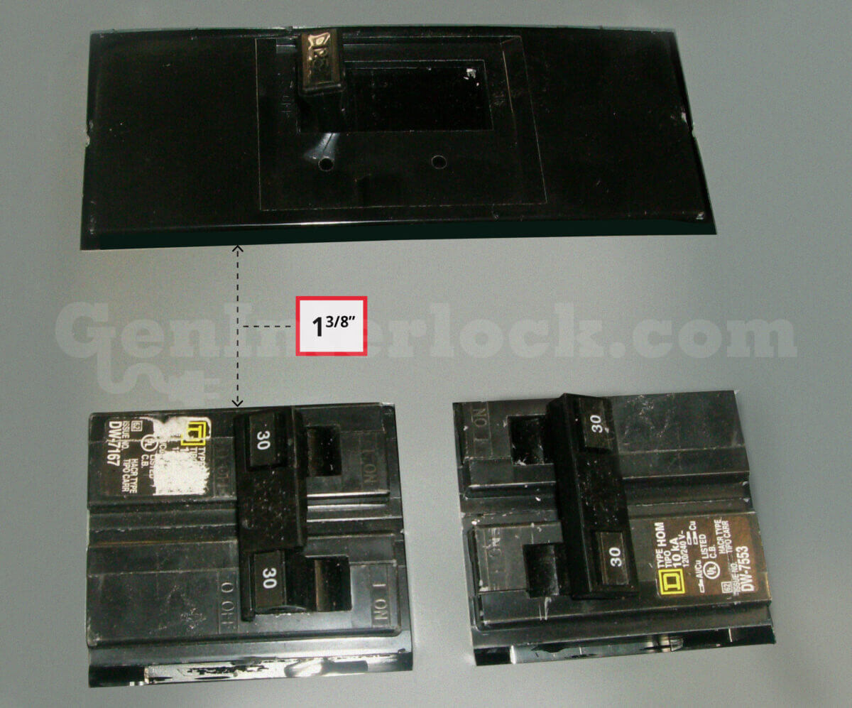 Sylvania Westinghouse 41251 Generator Interlock Kit - Installed on Breaker Panel Showing 3-1/4 Inch Spacing