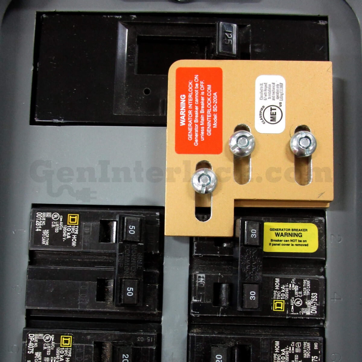 Sylvania Westinghouse 41251 Generator Interlock Kit - Installed on Breaker Panel Showing 3-1/4 Inch Spacing