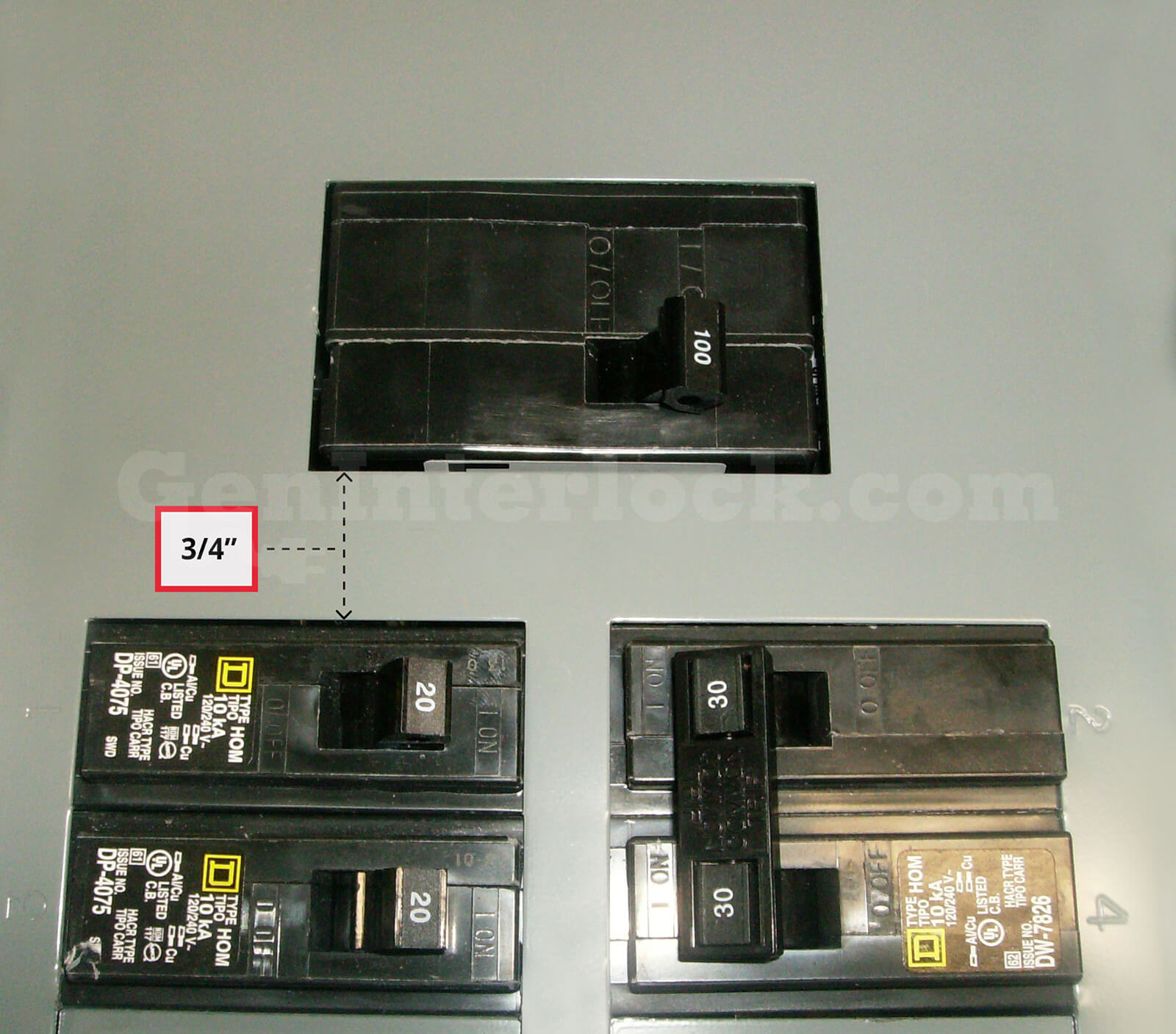Sylvania Westinghouse 41251 Generator Interlock Kit - Installed on Breaker Panel Showing 3-1/4 Inch Spacing