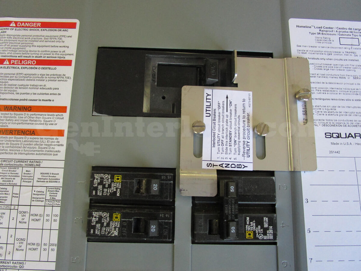 Sylvania Westinghouse 41251 Generator Interlock Kit - Installed on Breaker Panel Showing 3-1/4 Inch Spacing