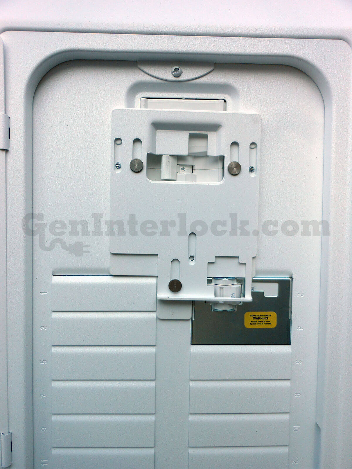 Leviton 41801 Generator Interlock Kit - Installed on Panel Showing Interlock Plate Fitted