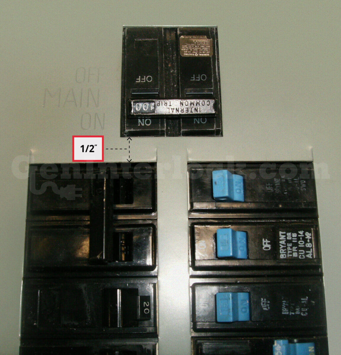 Murray 41102 Generator Interlock Kit 100A - Installed on Older Panel Showing 1/2 Inch Spacing