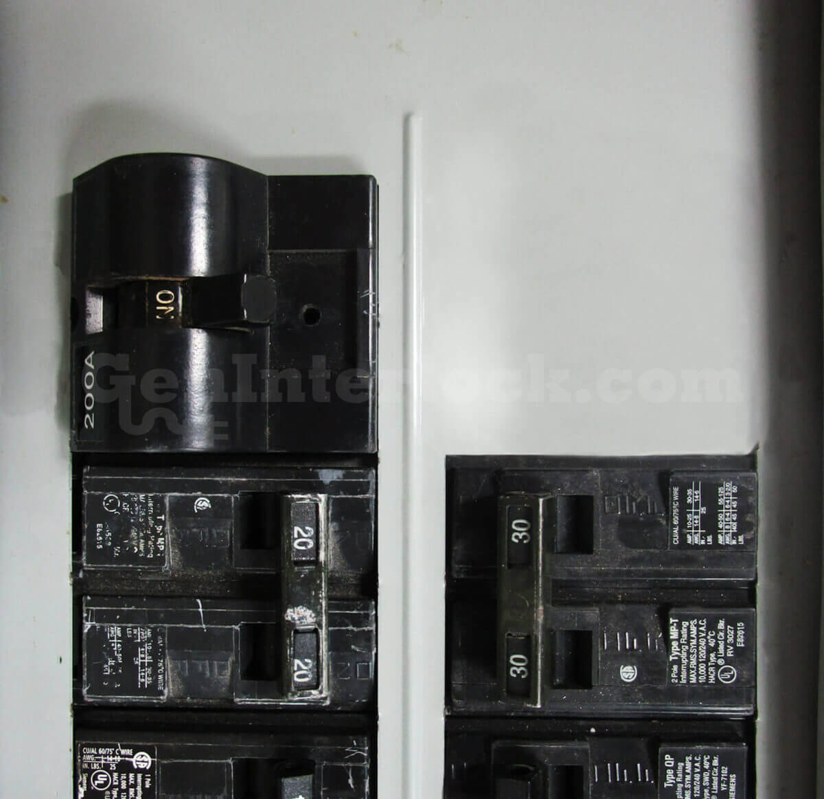 Sylvania Westinghouse 41251 Generator Interlock Kit - Installed on Breaker Panel Showing 3-1/4 Inch Spacing