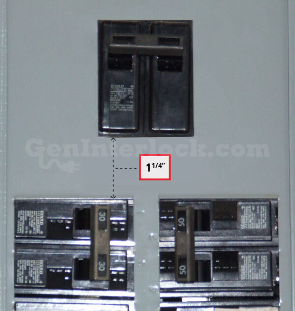 Gould ITE 41101 Generator Interlock Kit - Installed on Breaker Panel Showing 1-1/4 Inch Spacing