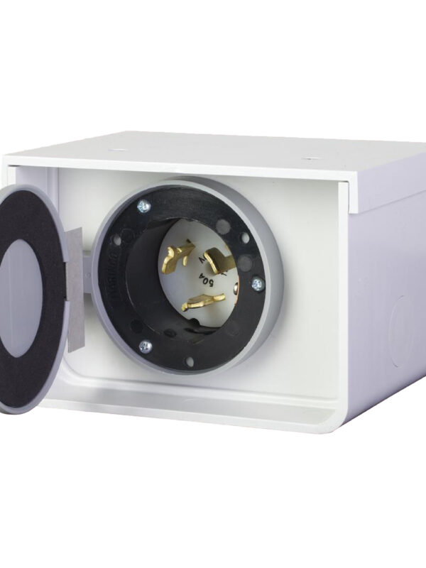 PBN50 50 Amp Power Inlet Box - Open Lid Showing Twist Lock Receptacle and Gold Contacts