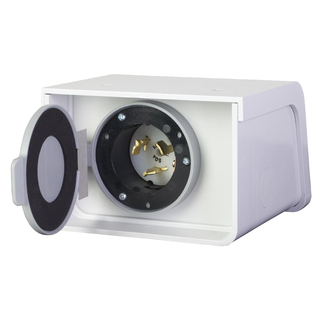 PBN50 50 Amp Power Inlet Box - Open Lid Showing Twist Lock Receptacle and Gold Contacts