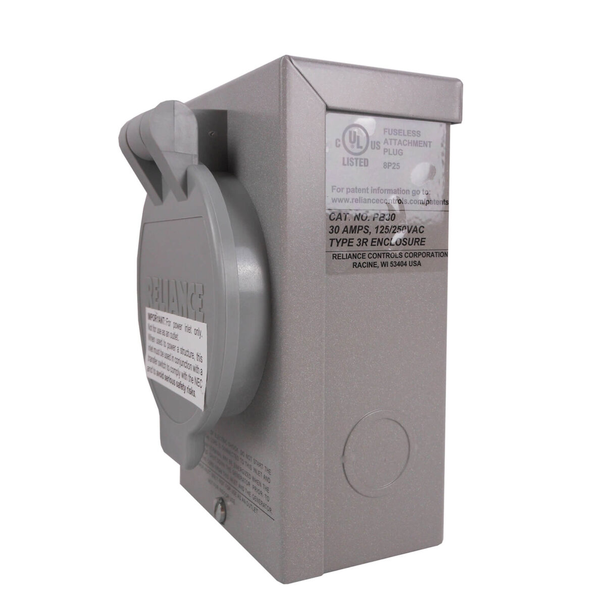 Reliance Controls PB30 30 Amp Power Inlet Box - Side View Showing UL Label and Specifications